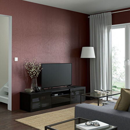 Tv sehpası, venge-parlak cila-siyah-füme cam, 180x42x39 cm, SELSVIKEN/GLASSVIK, çıt çıt raylı
