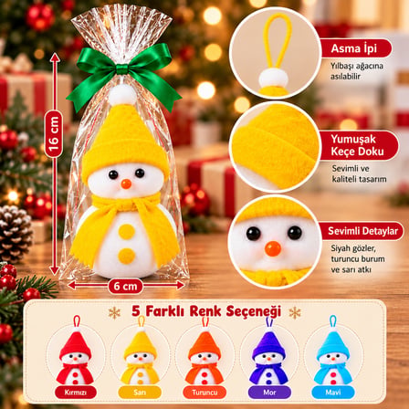 BakGelAl Yılbaşı Ağacı Süsü Kardan Adam Figürlü 16 cm Keçe Şapkalı ve Atkılı Asılabilir Dekoratif Süs (Sarı Şapkalı)