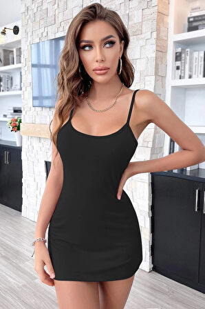 Kadın Siyah Sırt Kısmı Komple Dantelli Mini Gecelik - Siyah - L-XL