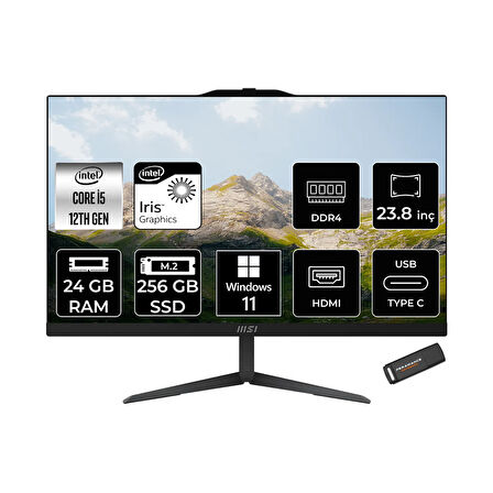 MSI Modern AM242 i5 1235U 24GB 256GB SSD 23.8" FHD IPS W11H All In One PC Siyah & PER4 BELLEK