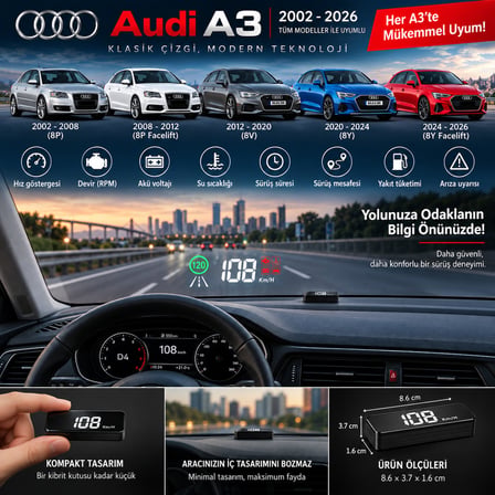 Audi A3 2002-2026 modeller için head up display hayalet gösterge ekranı ön cam hız göstergesi