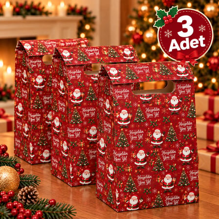 BakGelAl Kırmızı Noel Baba ve Çam Ağacı Desenli Yılbaşı Hediye Paket Çantası - Kulplu Dekoratif Karton Hediye Poşeti - 3'lü