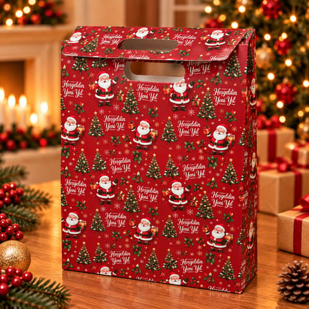 BakGelAl Kırmızı Noel Baba ve Çam Ağacı Desenli Yılbaşı Hediye Paket Çantası - Kulplu Dekoratif Karton Hediye Poşeti - 3'lü