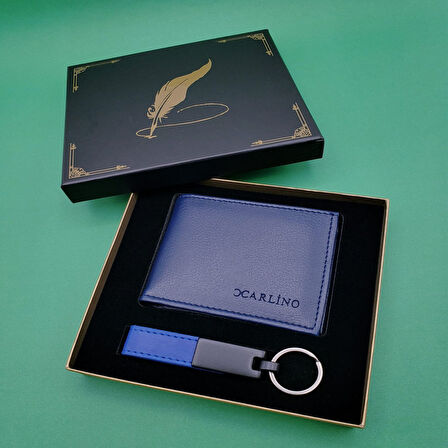 Kutulu Mavi Deri Cüzdan Ve Anahtarlık Seti