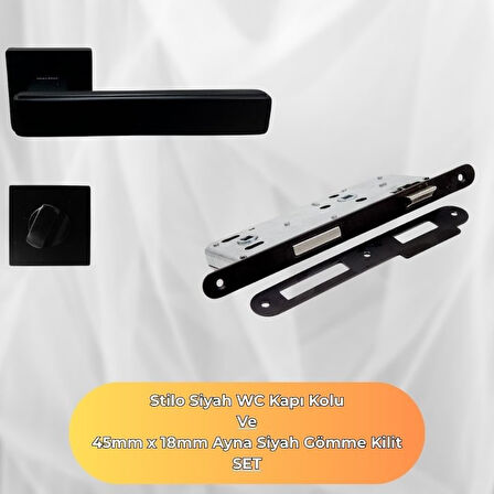 Lusso Siyah Kare Rozetli WC Kapı Kolu ve 45X18mm Siyah WC Gömme Kilit Set