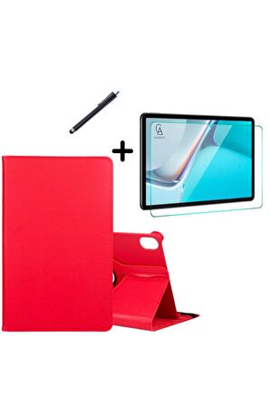 Huawei MatePad 11" 2023 360° Dönebilen Standlı Tablet Kılıfı Ekran Koruyucu ve Kalem Seti Kırmızı