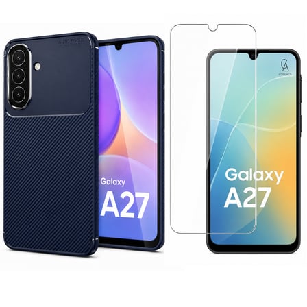 Samsung Galaxy A27 Uyumlu Karbon Tasarım Silikon Telefon Kılıfı ve Temperli Cam Ekran Koruyucu