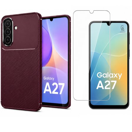 Samsung Galaxy A27 Uyumlu Karbon Tasarım Silikon Telefon Kılıfı ve Temperli Cam Ekran Koruyucu