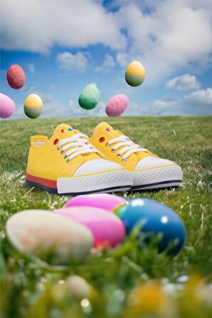 Unisex Erkek Kız Çocuk Keten Kısa Convers Modeli Bağcıklı Spor Ayakkabı SARI