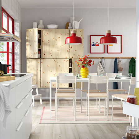 Yemek masası takımı, beyaz-çam, 6 sandalyeli, açılabilir