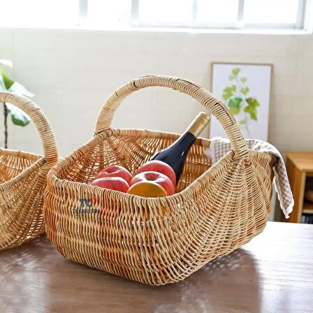 Bambu&Rattan Hasır Piknik Sepeti, Saklama Kutusu ve Depolama Sepeti, Dekoratif Sepet 36x30x23x34cm