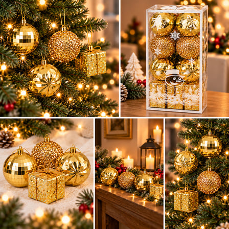 BakGelAl 16 Parça Lüks Gold Yılbaşı Ağaç Süsü Seti - 12 Adet 6 cm Parlak / Prizmatik Top Süs & 4 Adet 6 cm Hediye Paketi Küp Süs