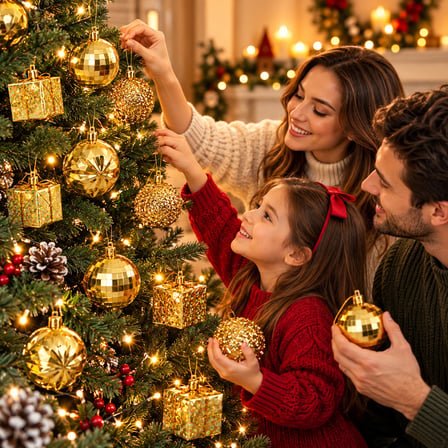 BakGelAl 16 Parça Lüks Gold Yılbaşı Ağaç Süsü Seti - 12 Adet 6 cm Parlak / Prizmatik Top Süs & 4 Adet 6 cm Hediye Paketi Küp Süs