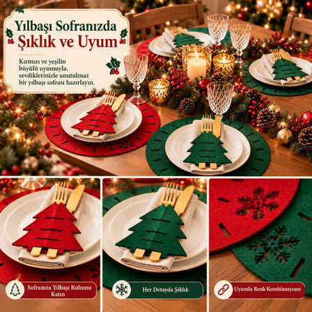 BakGelAl 4 Kişilik Lüks Yılbaşı Sofrası Keçe Sunum Seti - 2 Kırmızı / 2 Yeşil Supla & 2 Kırmızı / 2 Yeşil Çam Ağacı Çatal Bıçak Kılıfı