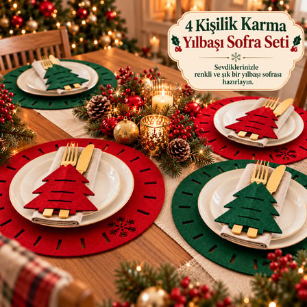 BakGelAl 4 Kişilik Lüks Yılbaşı Sofrası Keçe Sunum Seti - 2 Kırmızı / 2 Yeşil Supla & 2 Kırmızı / 2 Yeşil Çam Ağacı Çatal Bıçak Kılıfı