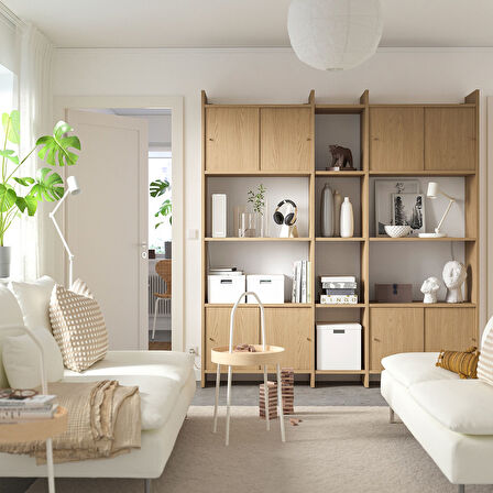 Sürgü kapaklı saklama kombinasyonu, meşe görünümlü, 198x35x212 cm, 7 raflı