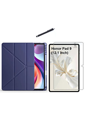 Honor Pad 9 12.1 inç Uyumlu Tri Fold Kalemlikli Tablet Kılıfı Ekran Koruyucu Kalem Seti