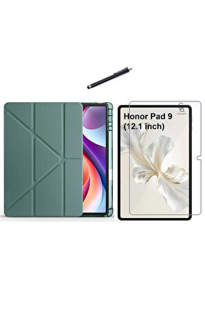 Honor Pad 9 12.1 inç Uyumlu Tri Fold Kalemlikli Tablet Kılıfı Ekran Koruyucu Kalem Seti