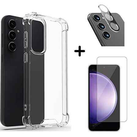 Samsung Galaxy S23 FE Uyumlu Kılıf Şeffaf Temperli Kırılmaz Cam Ekran ve Kamera Lens Koruyucu Seti
