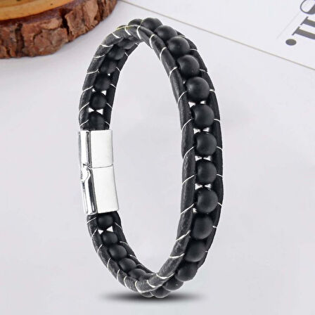   6Mm Mat Oniks Taşlı Deri Kordon Ve Çelik Bileklik 31832B2D6M1 