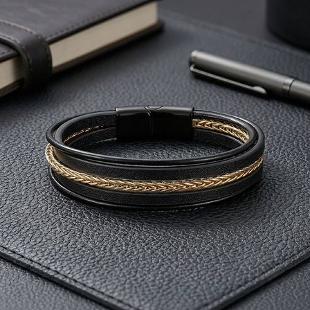 💎 Premium Gold Çelik Zincir Detaylı Çoklu Deri Erkek 316L Çelik Bileklik 31834B18D1