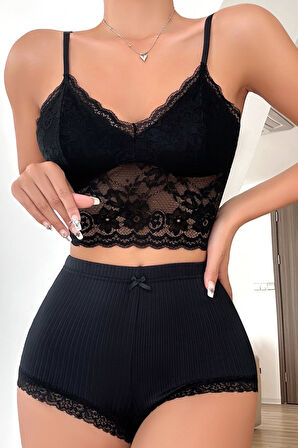 Kadın Kaşkorse Şortlu Dantelli Gecelik Takımı - Siyah - L-XL