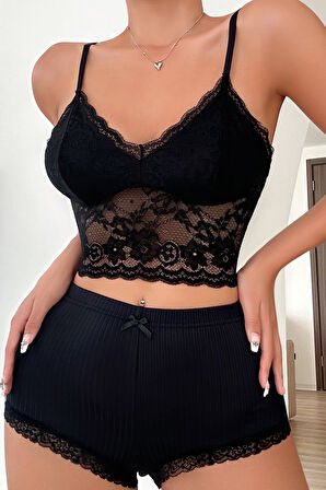 Kadın Kaşkorse Şortlu Dantelli Gecelik Takımı - Siyah - L-XL
