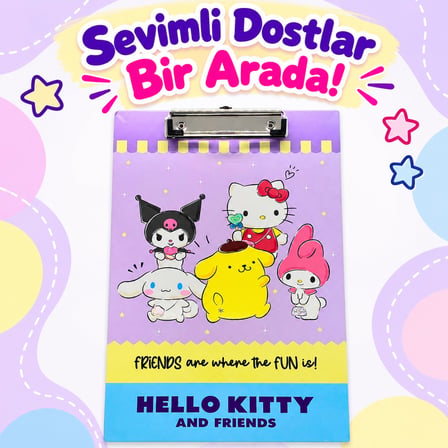BAkGelAL Hello Kitty ve Arkadaşları Desenli Sekreterlik - Kuromi & Cinnamoroll Temalı Kıskaçlı A4 Evrak Dosyası / Panosu