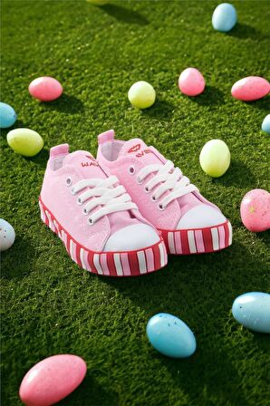 Unisex Çocuk Keten Kısa Convers Modeli Bağcıklı Spor Ayakkabı PEMBE