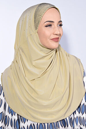 Taşlı Pileli Hijab Bej  - Krem