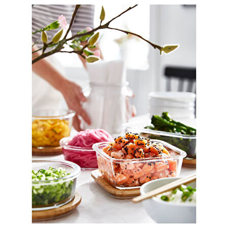 Kapaklı cam saklama kabı, cam-bambu, 600 ml, kare