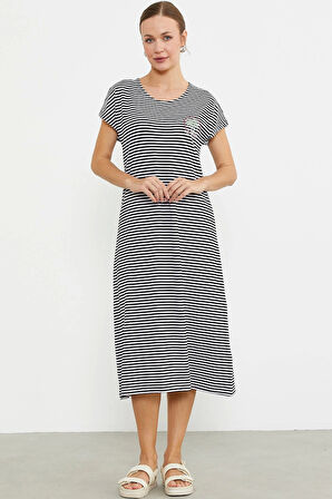 Sementa 77489 Nakış Detaylı Marine Penye Elbise - Siyah - XL