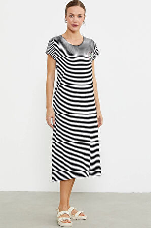 Sementa 77489 Nakış Detaylı Marine Penye Elbise - Siyah - XL