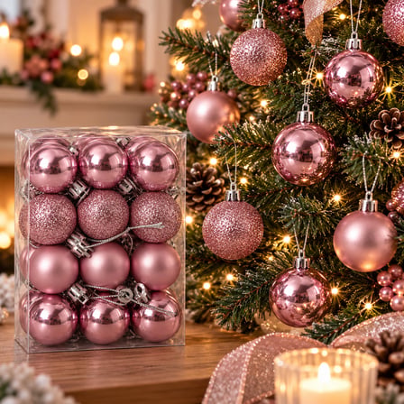 BakGelAl 24 Adet Pudra Pembe Yılbaşı Ağaç Süsü Seti - 3 cm Parlak, Mat ve Simli Mini Çam Ağacı Topu Seti