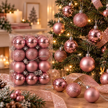 BakGelAl 24 Adet Pudra Pembe Yılbaşı Ağaç Süsü Seti - 3 cm Parlak, Mat ve Simli Mini Çam Ağacı Topu Seti
