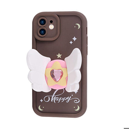 Apple iPhone 12 Uyumlu Kanatlı Kelebek Figürlü Standlı Kadın Telefon Kılıfı Kapak