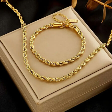 Antialerjik 316L Gold Renk Zincir Set Şıklığınızı Tamamlayan Özel Tasarım Kolye Bileklik Çelik Set