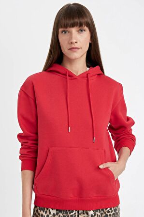 DeFacto Relax Fit Kapüşonlu Kanguru Cepli Kalın Basic Düz Sweatshirt W1240AZ24WNRD79