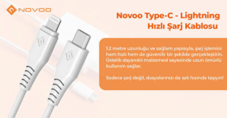 Novoo Type-C iPhone Lightning Hızlı Şarj Kablosu Beyaz 1.2 Metre