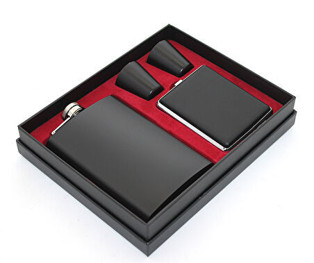 Paslanmaz Çelik 2 Shot Bardak Ve Sigara Tabakalı Matara Seti 