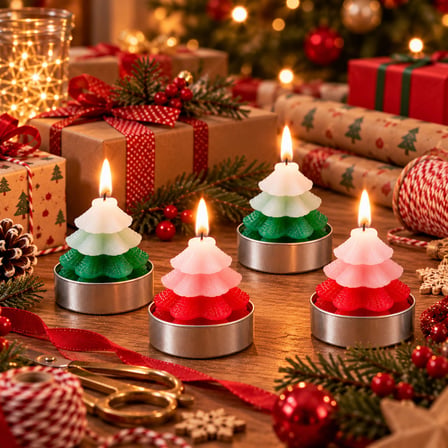 BakGelAl 2'li Yılbaşı Çam Ağacı Mum Seti – Katmanlı Tasarım Simli Dekoratif Tealight Mum