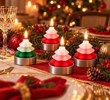 BakGelAl 2'li Yılbaşı Çam Ağacı Mum Seti – Katmanlı Tasarım Simli Dekoratif Tealight Mum