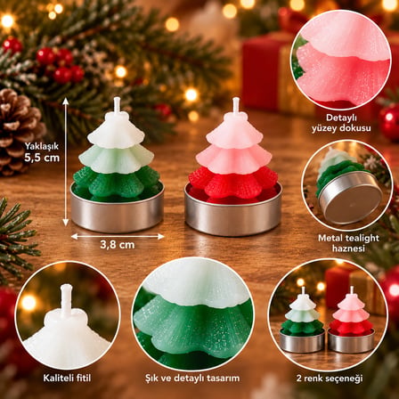 BakGelAl 2'li Yılbaşı Çam Ağacı Mum Seti – Katmanlı Tasarım Simli Dekoratif Tealight Mum
