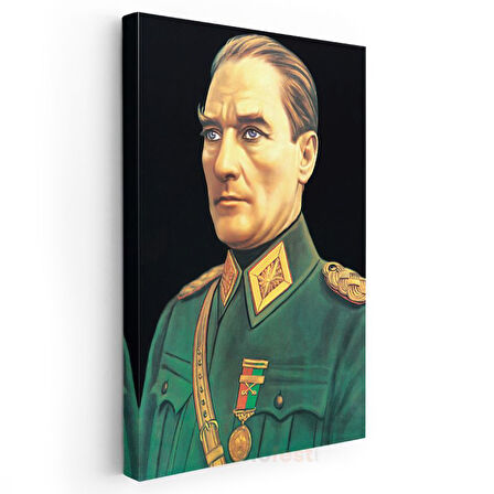Yeşil Üniformalı Atatürk - Madalyalı Askeri Portre Kanvas Tablo