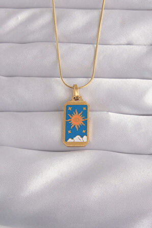 316L Çelik Gold Renk Mavi Mineli Güneş Model Tarot Kolye - Lisinya