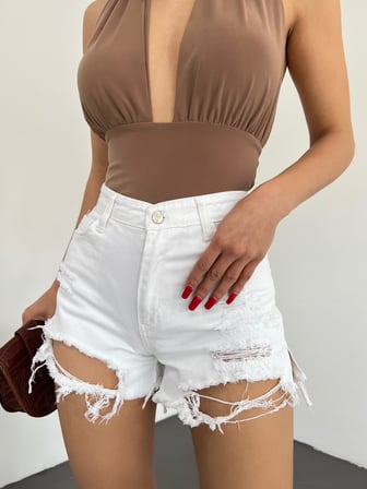 Yıkamalı Lazer Yırtıklı Mini Denim Şort - BEYAZ - 38