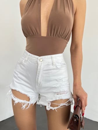 Yıkamalı Lazer Yırtıklı Mini Denim Şort - BEYAZ - 38