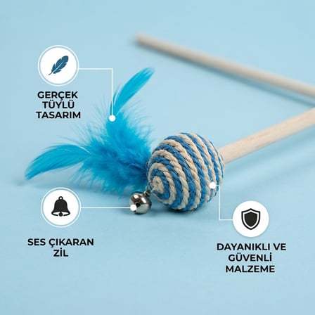 BakGelAl Tüylü Toplu Olta Kedi Oyuncağı – Zilli İnteraktif Yakalama ve Egzersiz Oyuncağı