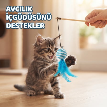 BakGelAl Tüylü Toplu Olta Kedi Oyuncağı – Zilli İnteraktif Yakalama ve Egzersiz Oyuncağı