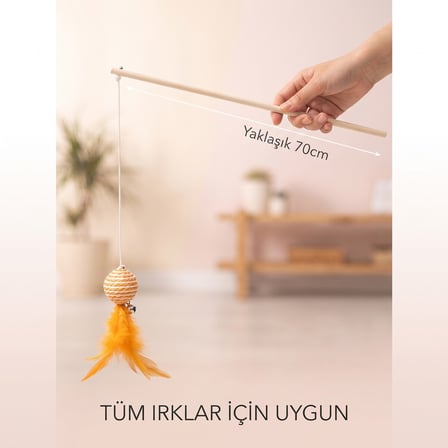 BakGelAl Tüylü Toplu Olta Kedi Oyuncağı – Zilli İnteraktif Yakalama ve Egzersiz Oyuncağı